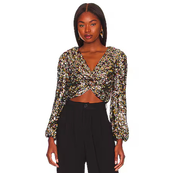 ASTR The Label NIX Black Rainbow Sequin V-neck Long Sleeve Crop Top, size M - Picture 1 of 8